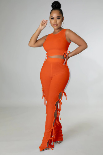 Orange Solid Pit Sleeveless Lace-Up Hollow Out 2 Piece Pants Set