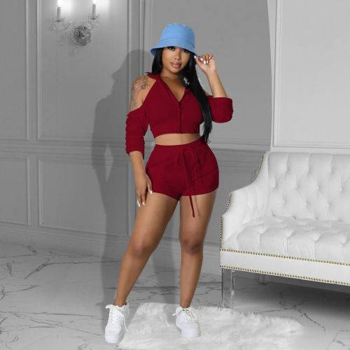Wine Red 2 Piece Cut Out Cold Shoulder Top and Shorts Tracksuit