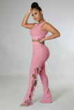 Pink Solid Pit Sleeveless Lace-Up Hollow Out 2 Piece Pants Set