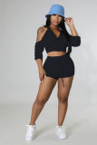 Black 2 Piece Cut Out Cold Shoulder Top and Shorts Tracksuit