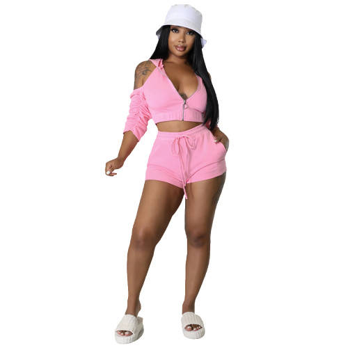 Pink 2 Piece Cut Out Cold Shoulder Top and Shorts Tracksuit