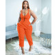 Orange Casual V Neck Printed Straps Pocketed Onesie Jumpsuits with Back Zipper