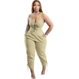 Apricot Casual V Neck Printed Straps Pocketed Onesie Jumpsuits with Back Zipper