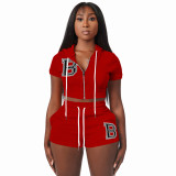 Red Casual Zip Cardigan Letter Embroidered Hooded Cropped Top Two Piece Set