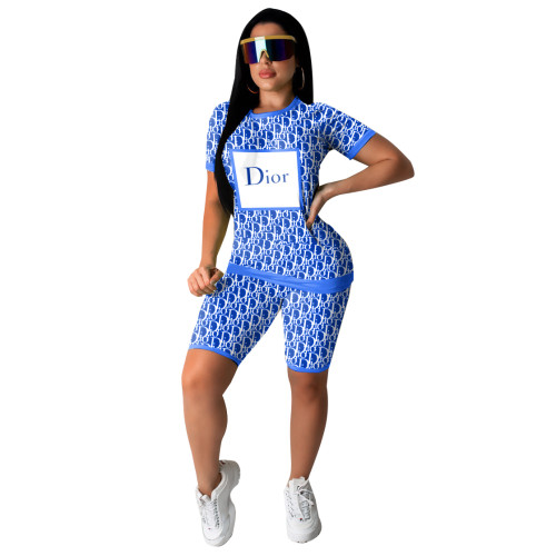 Blue Fashion Casual Letter Print Two Piece