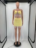 Amazon Solid Color Yellow Lace Adjustable Sling Bra Two Piece Mini Skirt Set