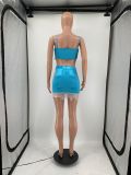Amazon Solid Color Blue Lace Adjustable Sling Bra Two Piece Mini Skirt Set