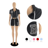 Black Casual Zip Cardigan Letter Embroidered Hooded Cropped Top Two Piece Set