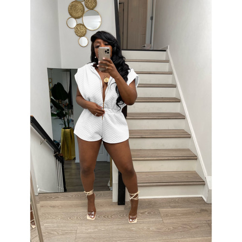 White Argyle Check Solid Zipper Hoodie Short Bodysuits