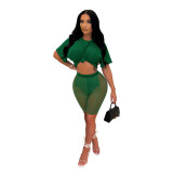 Summer Solid Mesh Shorts Set for Women Green