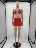 Amazon Solid Color Red Lace Adjustable Sling Bra Two Piece Mini Skirt Set