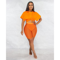 Summer Solid Mesh Shorts Set for Women Orange