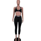 Black Casual Letter Print Fitness Two Piece Pants Sets