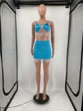 Amazon Solid Color Blue Lace Adjustable Sling Bra Two Piece Mini Skirt Set