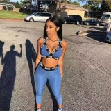 Blue Casual Letter Print Fitness Two Piece Pants Sets