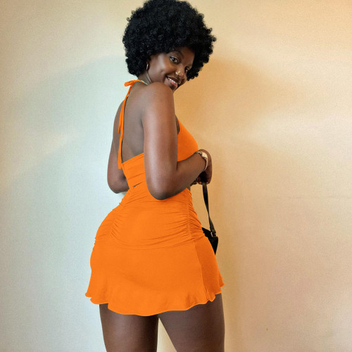 2022 Summer Orange Clubwear Sexy Halter Backless Crop Top Pleated Skirt Two Piece