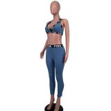 Blue Casual Letter Print Fitness Two Piece Pants Sets