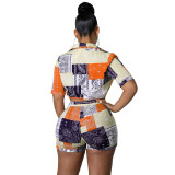 Fashion Casual Paisley Bandage Shirt Two Piece Summer Set