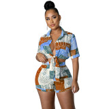 Fashion Casual Paisley Bandage Shirt Two Piece Summer Set
