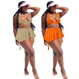 Khaki Women's Sports Lapel Halter Bikini Pleated Skirt Swimsuit Three Piece Set