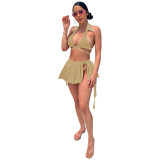 Khaki Women's Sports Lapel Halter Bikini Pleated Skirt Swimsuit Three Piece Set