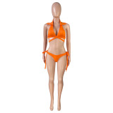 Orange Women's Sports Lapel Halter Bikini Pleated Skirt Swimsuit Three Piece Set