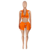 Orange Women's Sports Lapel Halter Bikini Pleated Skirt Swimsuit Three Piece Set