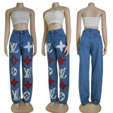Casual Offset Printing Denim Trousers High Waist Blue Washed  Jeans