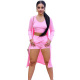 Casual Solid Pink Ribbed Crop Vest Top Short And Cardigan 3 Pieces Set