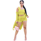 Casual Solid Yellow Ribbed Crop Vest Top Short And Cardigan 3 Pieces Set