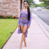 Casual Solid Purple Ribbed Crop Vest Top Short And Cardigan 3 Pieces Set