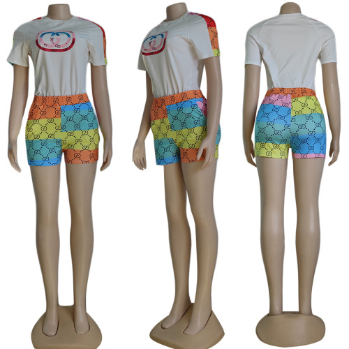 Casual Digital Print Short Sleeve Shorts Set