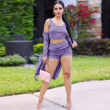 Casual Solid Purple Ribbed Crop Vest Top Short And Cardigan 3 Pieces Set