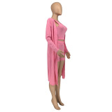 Casual Solid Pink Ribbed Crop Vest Top Short And Cardigan 3 Pieces Set