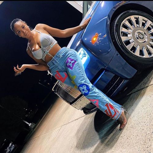 Casual Offset Printing Denim Trousers High Waist Blue Washed  Jeans