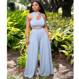 Casual Solid Hollow Sleeveless Crop Top & Loose Long Pant Two-Piece Set