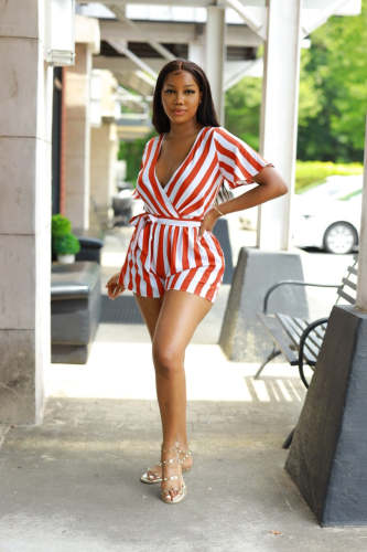 Red Casual V Neck Short Sleeve Striped Playsuit