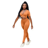 Casual Solid Color Sports Zipper Short Sleeve Crop Top Two Piece Set
