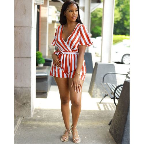 Red Casual V Neck Short Sleeve Striped Playsuit