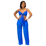 Blue Sexy Straps Bandage Crop Top Chic 2-Piece Pants Set