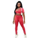 Casual Solid Color Sports Zipper Short Sleeve Crop Top Two Piece Set