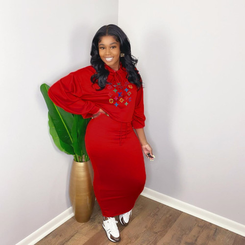 Red Solid Printed Hoodie Two Piece 2022 Women Fall Clothes Long Skirt Set