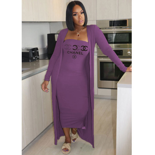 Purple Tube Top Printed Long Dress Cardigan Set