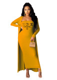 Yellow Tube Top Printed Long Dress Cardigan Set