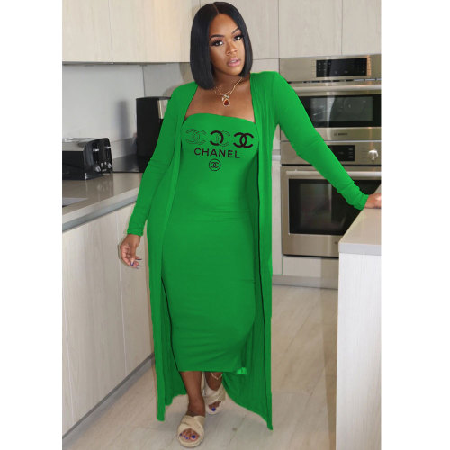Army Green Tube Top Printed Long Dress Cardigan Set