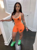 Orange Women Sexy Printed Sports Hip Strap Onesie Bodysuit Romper