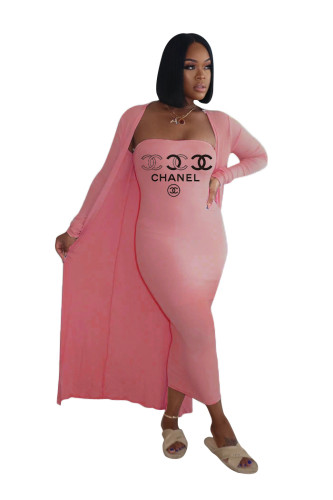 Pink Sexy Tube Top Printed Long Dress Cardigan Set