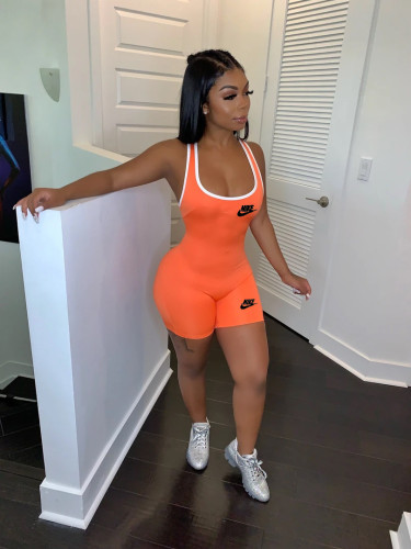 Orange Women Sexy Printed Sports Hip Strap Onesie Bodysuit Romper