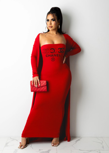 Red Sexy Tube Top Printed Long Dress Cardigan Set