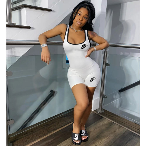 White Women Sexy Printed Sports Hip Strap Onesie Bodysuit Romper